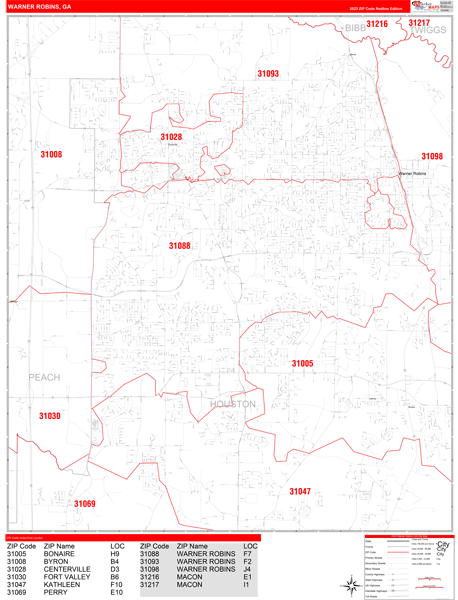 Warner Robins City Wall Map Red Line Style